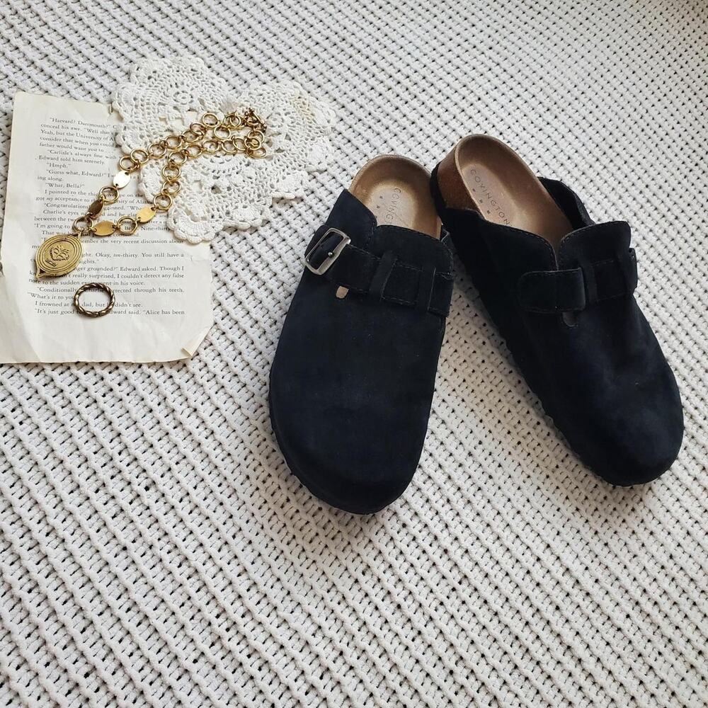 Covington suede slip on buckle clogs